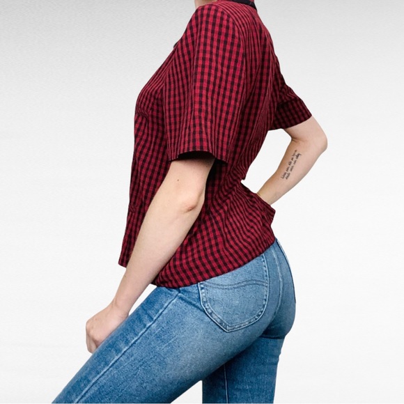 VINTAGE | 1990’s Kathie Lee Collection Black Red Checkered Short Sleeve Shirt - Picture 5 of 9